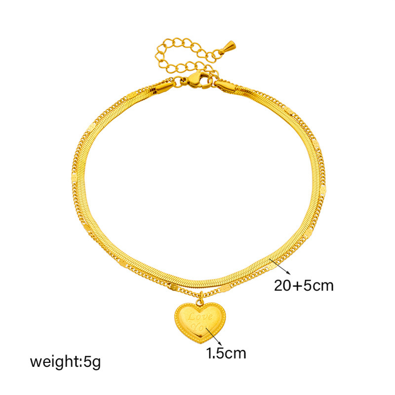 European and American style, simple and retro, high-grade metal titanium steel double-layer chain heart engraved pendant, versatile anklet