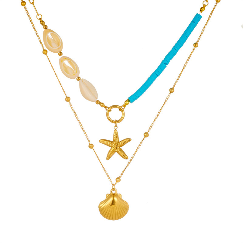 European and American style creative starfish pearl pendant ocean-themed golden scallop double-layer necklace