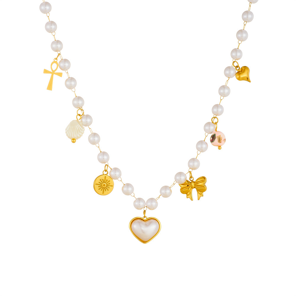 Korean Dongdaemun imitation pearl chain scallop heart bow star pendant stainless steel accessory necklace