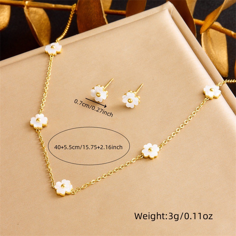 European and American style retro white shell flower accessories chain stainless steel bracelet earring necklace jewelry set