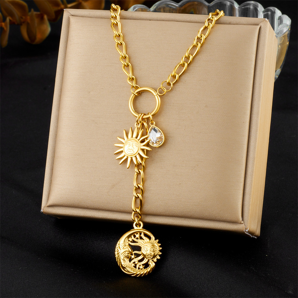 Fashionable cross-border stainless steel long tassel round pendant flower sun moon teardrop rhinestone heart clavicle chain, new spring/summer style necklace.
