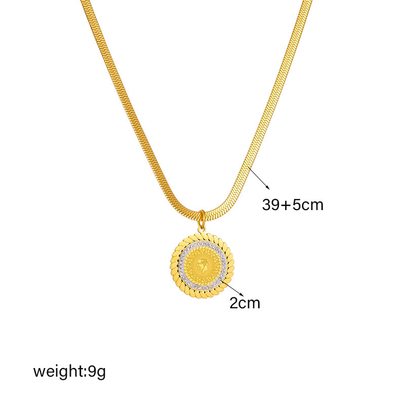 European and American cross-border creative niche retro high-end portrait print diamond-encrusted round pendant snake bone chain necklace