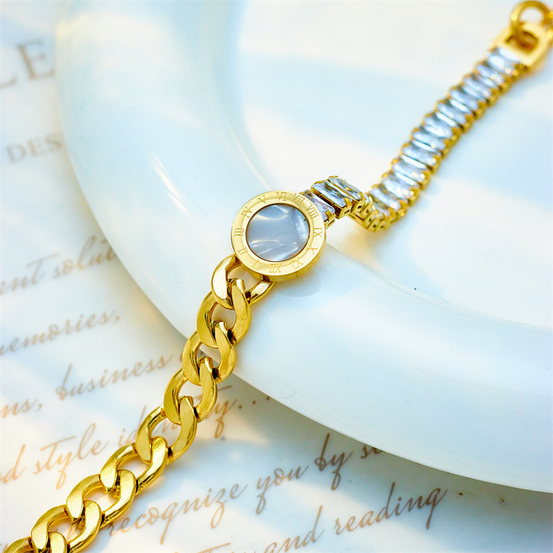 European and American cross-border fashion niche high-end versatile diamond-encrusted chain round pendant irregular titanium steel metal jewelry bracelet