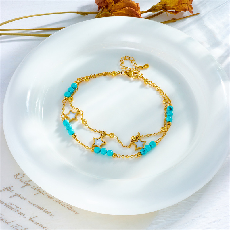 European and American style retro minimalist double-layered irregular chain beaded five-pointed star eye pendant accessory anklet