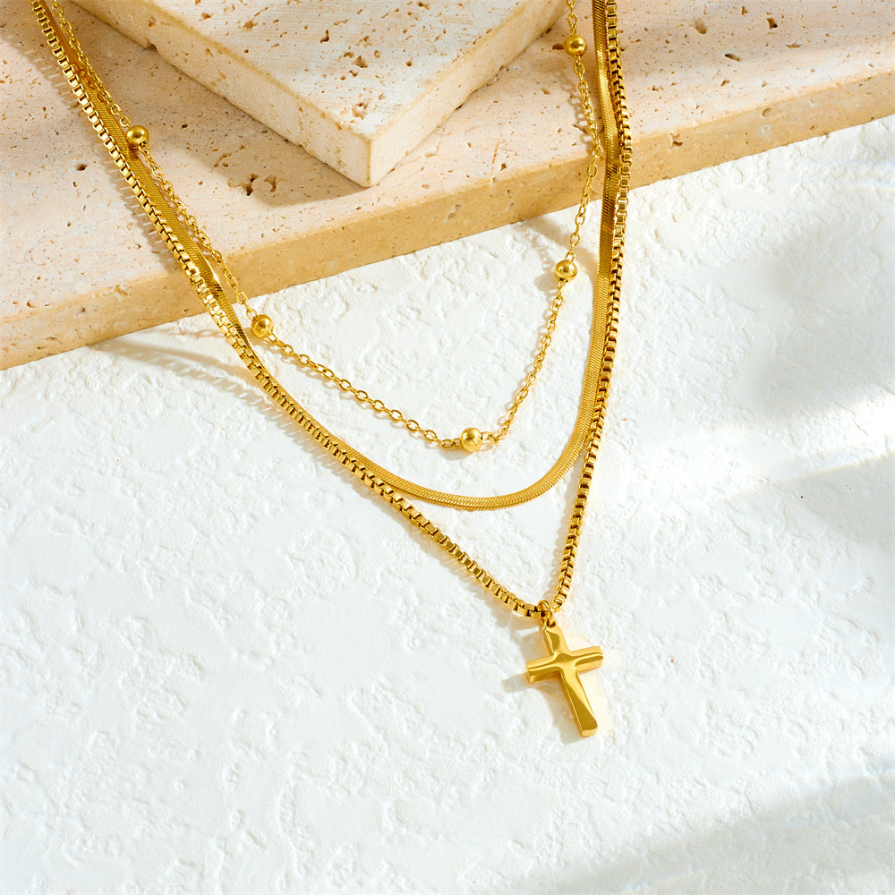 Cross-border fashion niche versatile gold-plated multi-layered clavicle chain cross stainless steel pendant unisex necklace