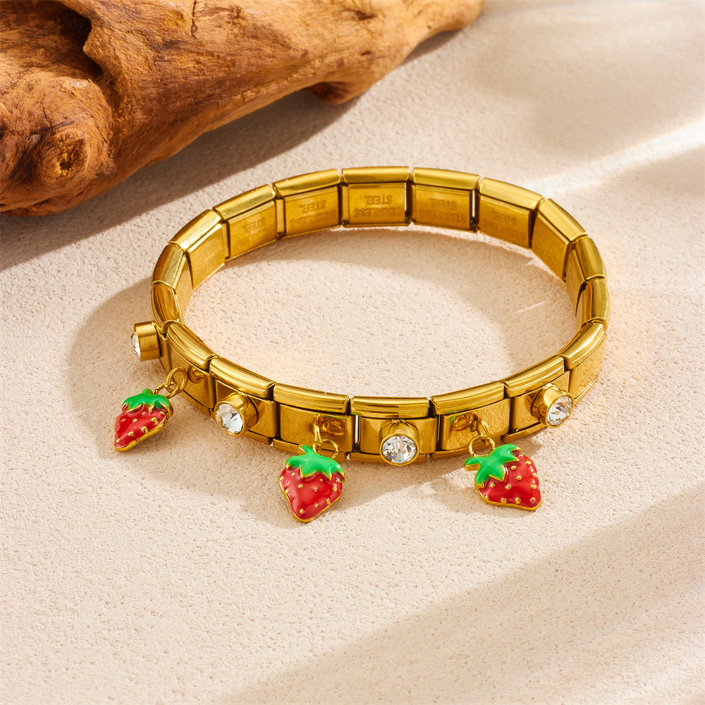 Cross-border fashion fruit series 3D simulated dripping cherry, strawberry, watermelon, rhinestone-encrusted stainless steel gold-plated bracelet