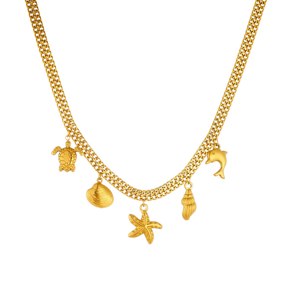 European and American cross-border personalized creative beach style ocean series pendant chain stainless steel gold-plated starfish and sea turtle necklace