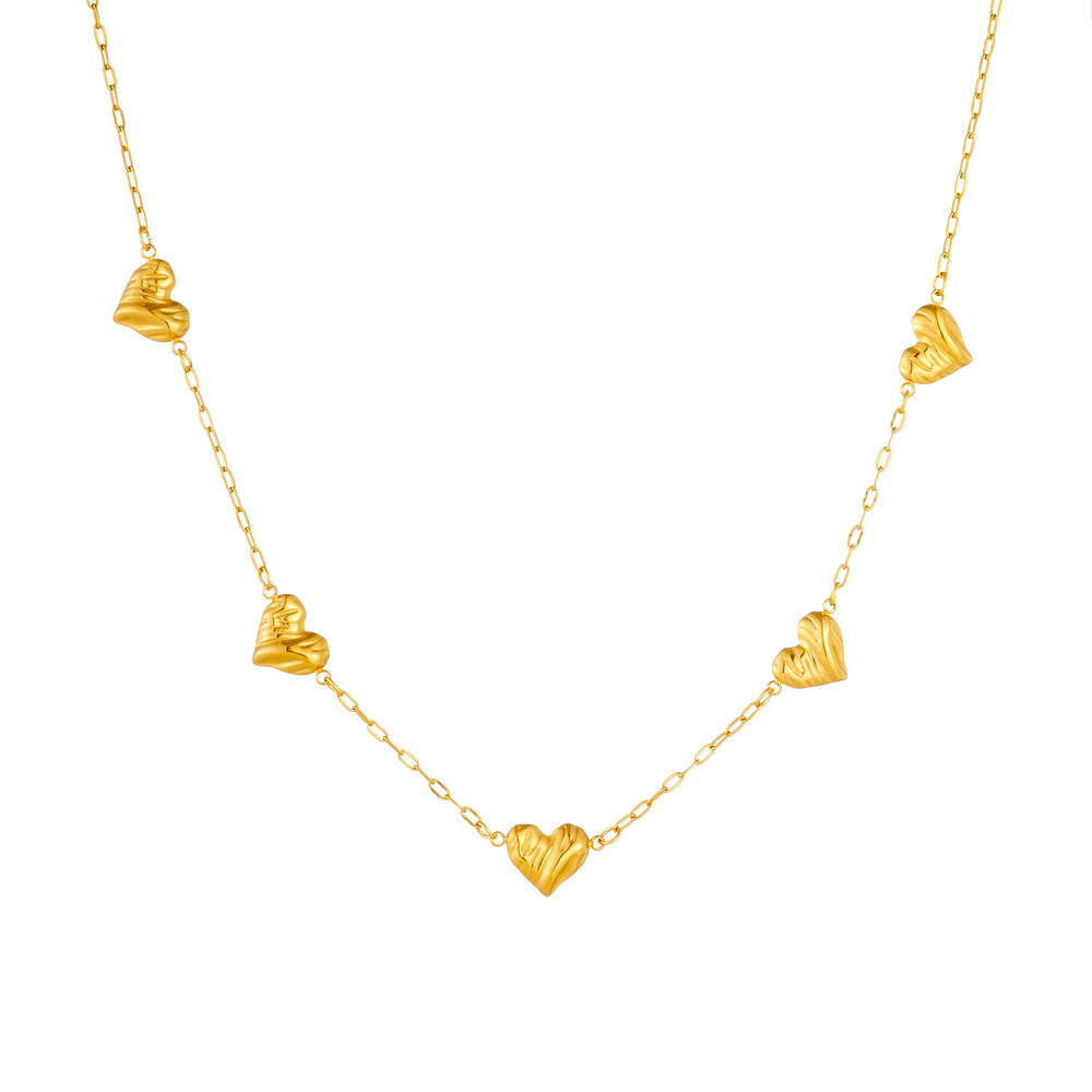 Cross-border fashion, simple and versatile textured glossy gold-plated heart and flower accessory chain stainless steel jewelry necklace