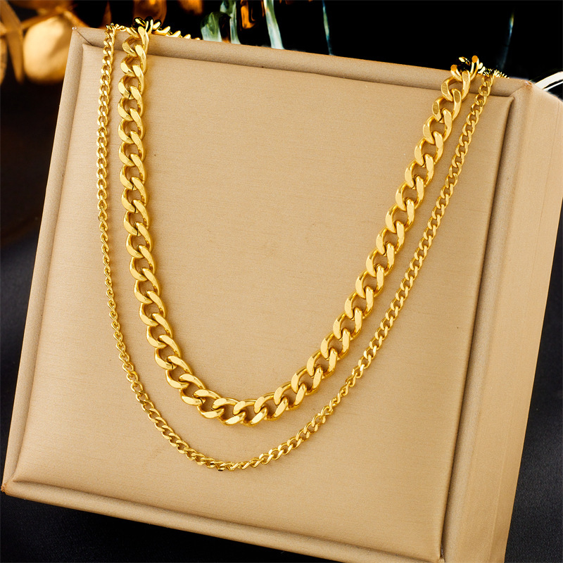 European and American style minimalist punk hip-hop double-layer chain gold-plated stainless steel women's jewelry necklace