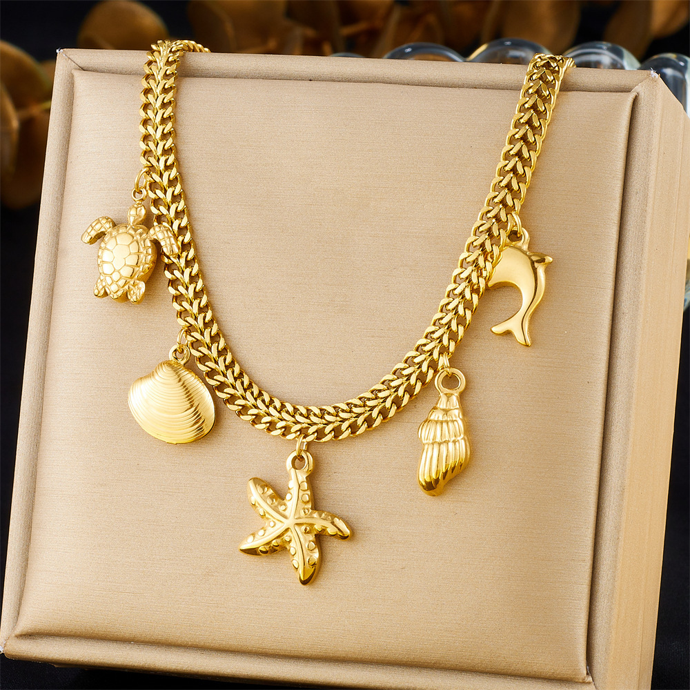 European and American cross-border personalized creative beach style ocean series pendant chain stainless steel gold-plated starfish and sea turtle necklace