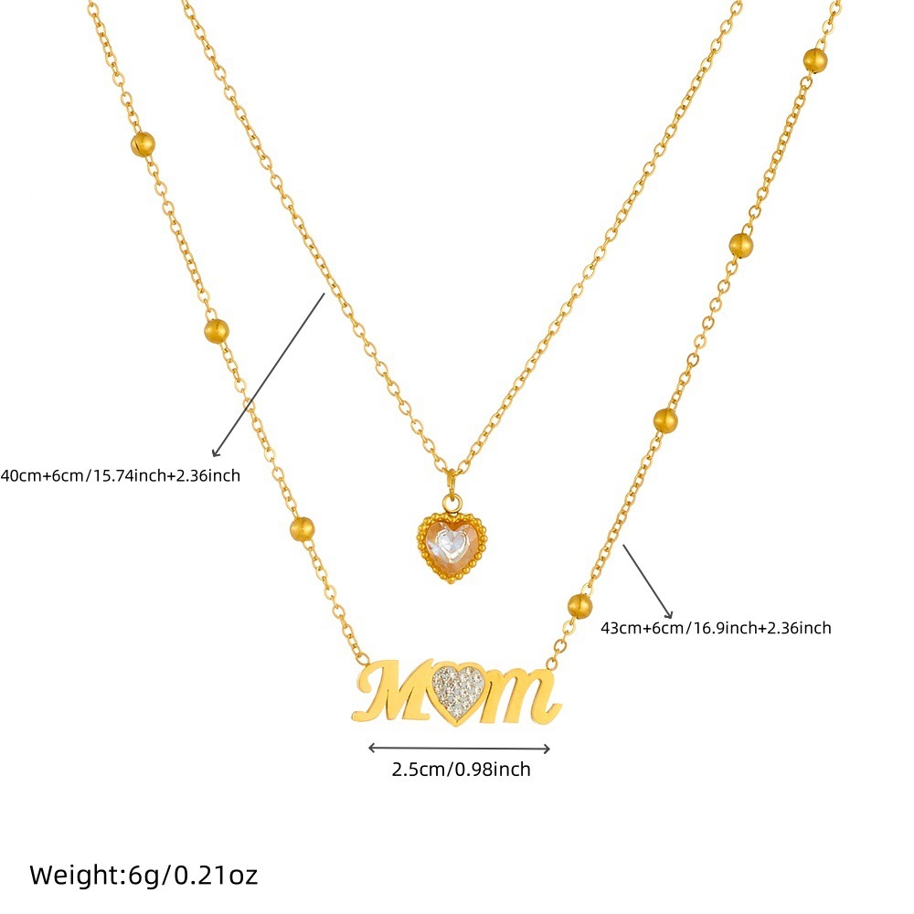 New cross-border fashion minimalist diamond-encrusted MOM heart-shaped accessory chain stainless steel clavicle necklace