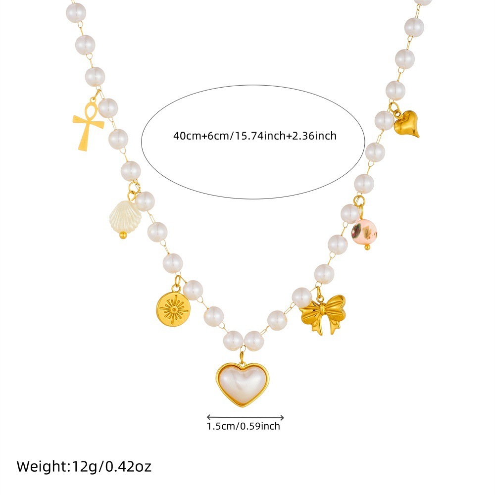 Korean Dongdaemun imitation pearl chain scallop heart bow star pendant stainless steel accessory necklace