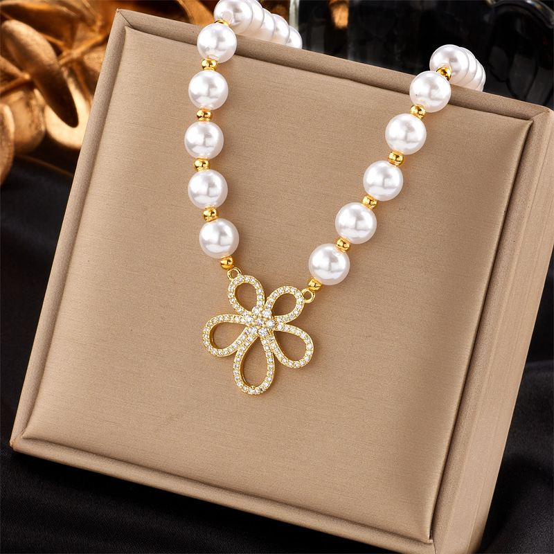 European and American style, simple and elegant, retro, high-end pearl, rhinestone, small flower beaded hand-woven necklace