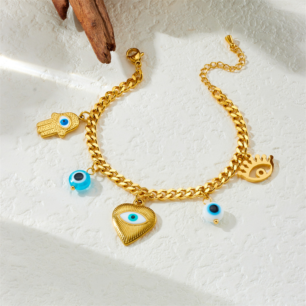 European and American cross-border cartoon evil eye heart pendant hand chain stainless steel jewelry bracelet