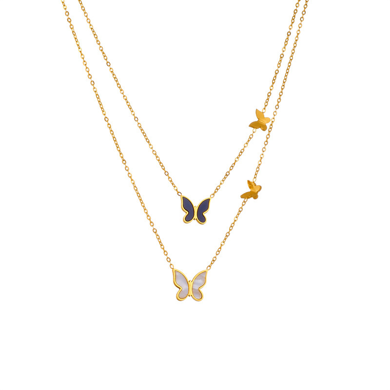European and American style niche black and white glossy three-dimensional butterfly double chain stainless steel gold-plated jewelry necklace