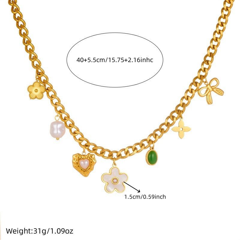 Vintage cross-border pearl white shell flower heart bow emerald oval pendant chain stainless steel necklace