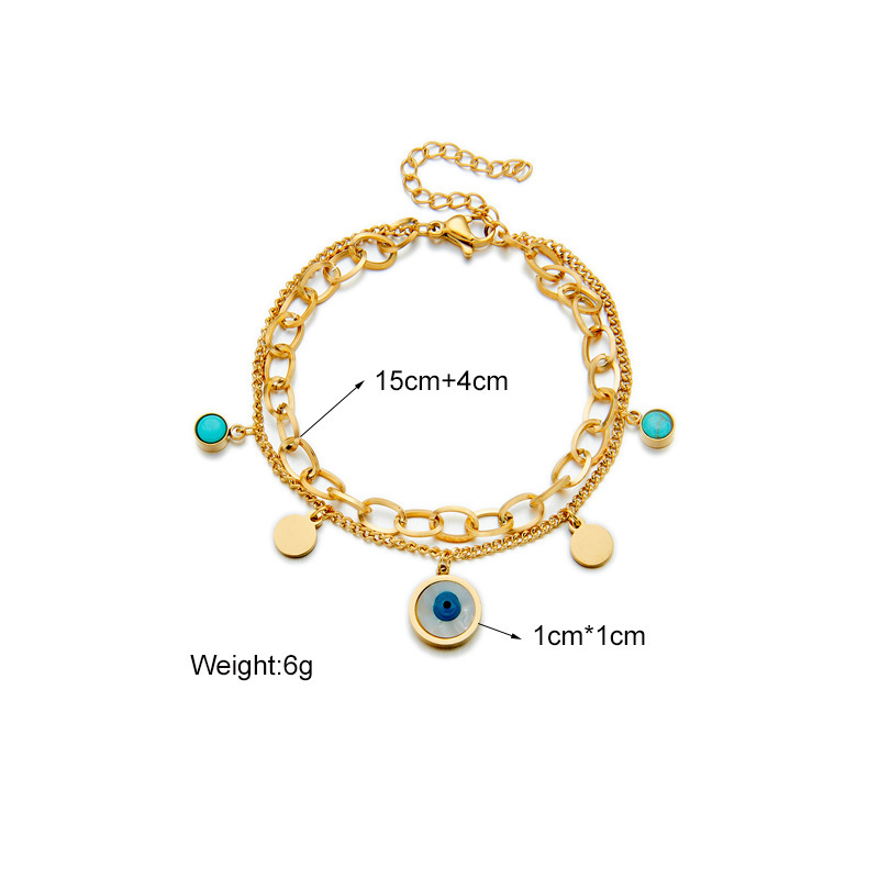 European and American style round pendant with blue eyes and turquoise, double-layer titanium steel metal retro bracelet