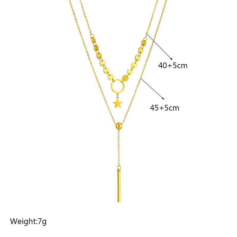 Double-layered, minimalist, elegant tassel necklace with titanium steel circle and star pendant.