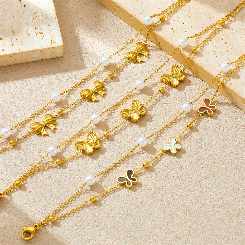 Korean style simple layered double stainless steel pearl bow accessory chain gold-plated butterfly women's jewelry bracelet