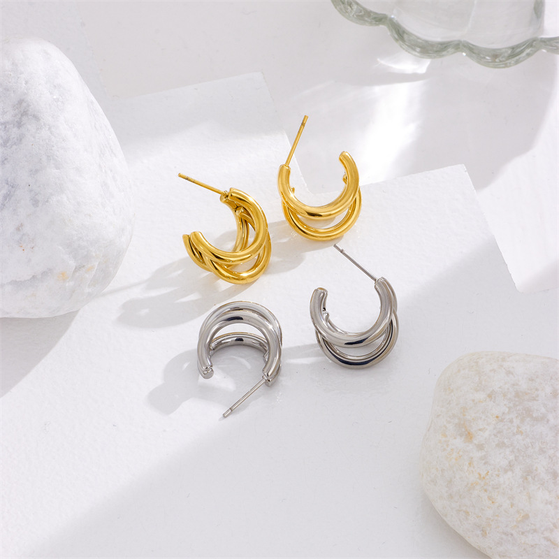 Trendy niche metallic retro high-end minimalist style unisex titanium steel C-shaped multi-layered earrings