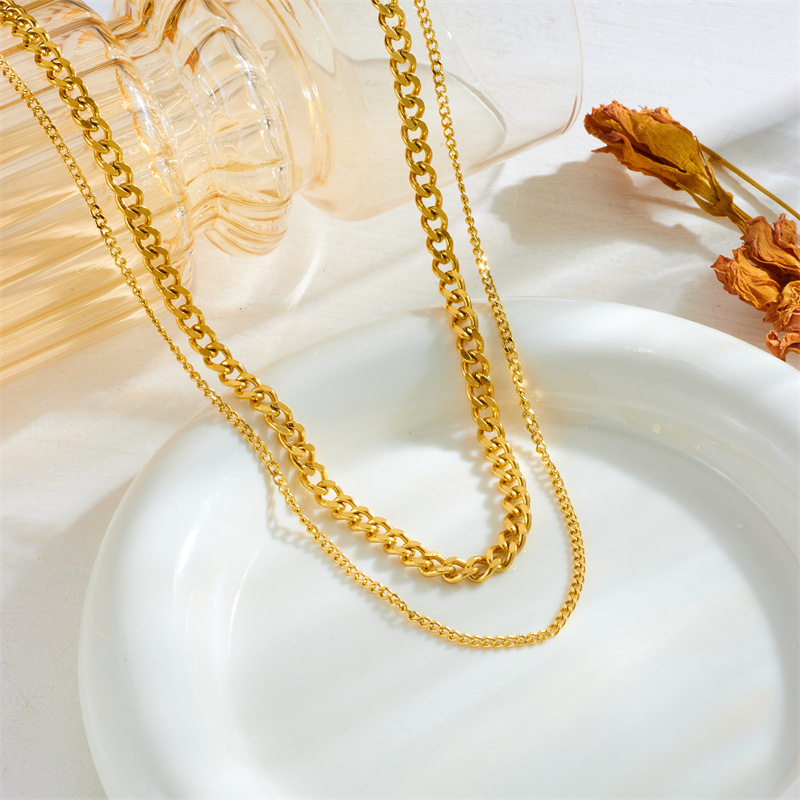 European and American style minimalist punk hip-hop double-layer chain gold-plated stainless steel women's jewelry necklace