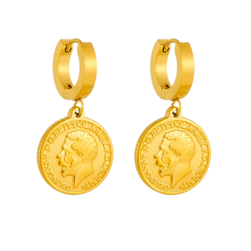 European and American cross-border fashion gold-plated retro abstract figure pattern round coin pendant stainless steel metal earrings