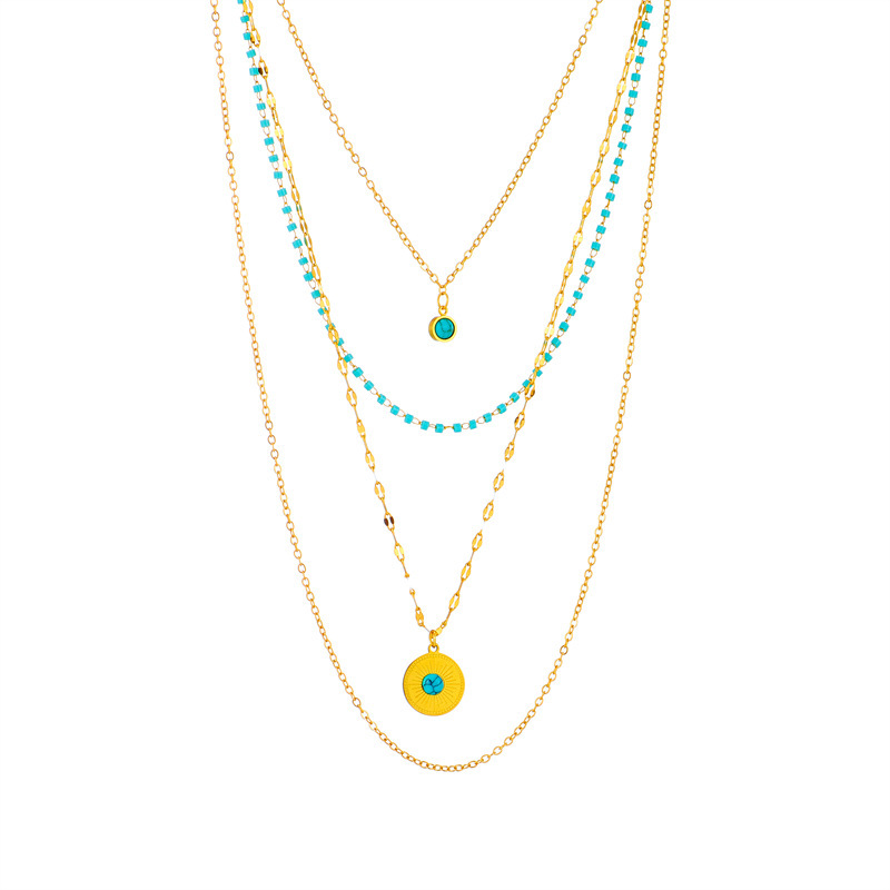 European and American cross-border niche design creative unique multi-layered irregular titanium steel round pendant turquoise pendant chain necklace