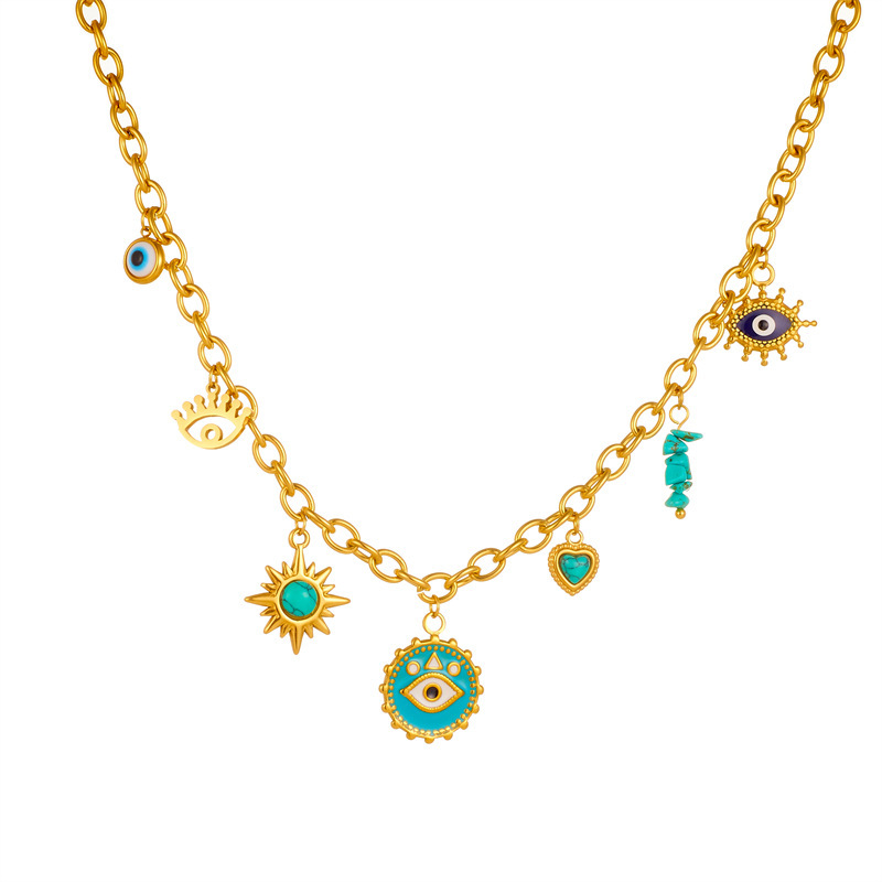 Fashionable retro cross-border new style blue turquoise heart sun star drop eye pendant chain stainless steel necklace