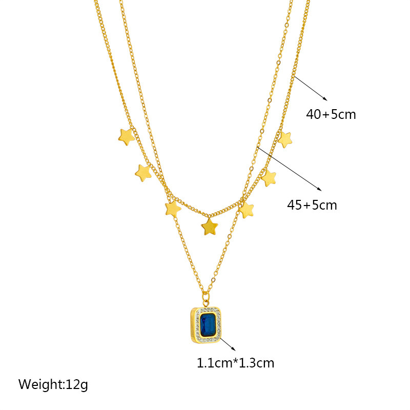 New European and American cross-border style minimalist fashion retro square diamond-encrusted star titanium steel pendant double chain necklace