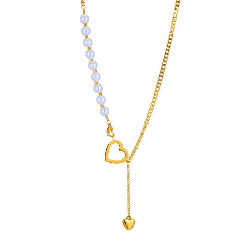 New European and American style niche design creative irregular pearl chain heart accessory metal titanium steel necklace