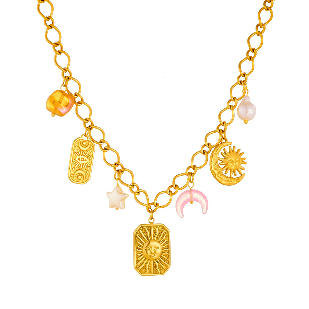 New cross-border fashion square-patterned sun and moon necklace, exotic stainless steel gold-plated accessory clavicle chain