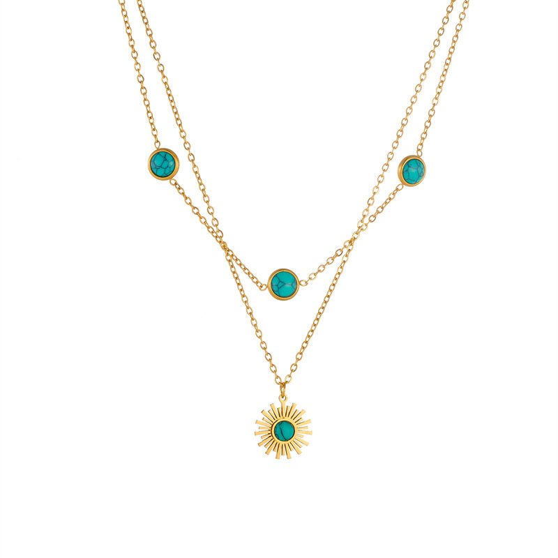 European and American style retro-inspired stainless steel double-layer necklace with turquoise sun pendant chain.