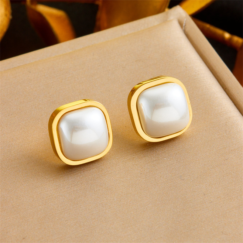 Korean style minimalist retro square gold-plated pearl accessories stainless steel earrings