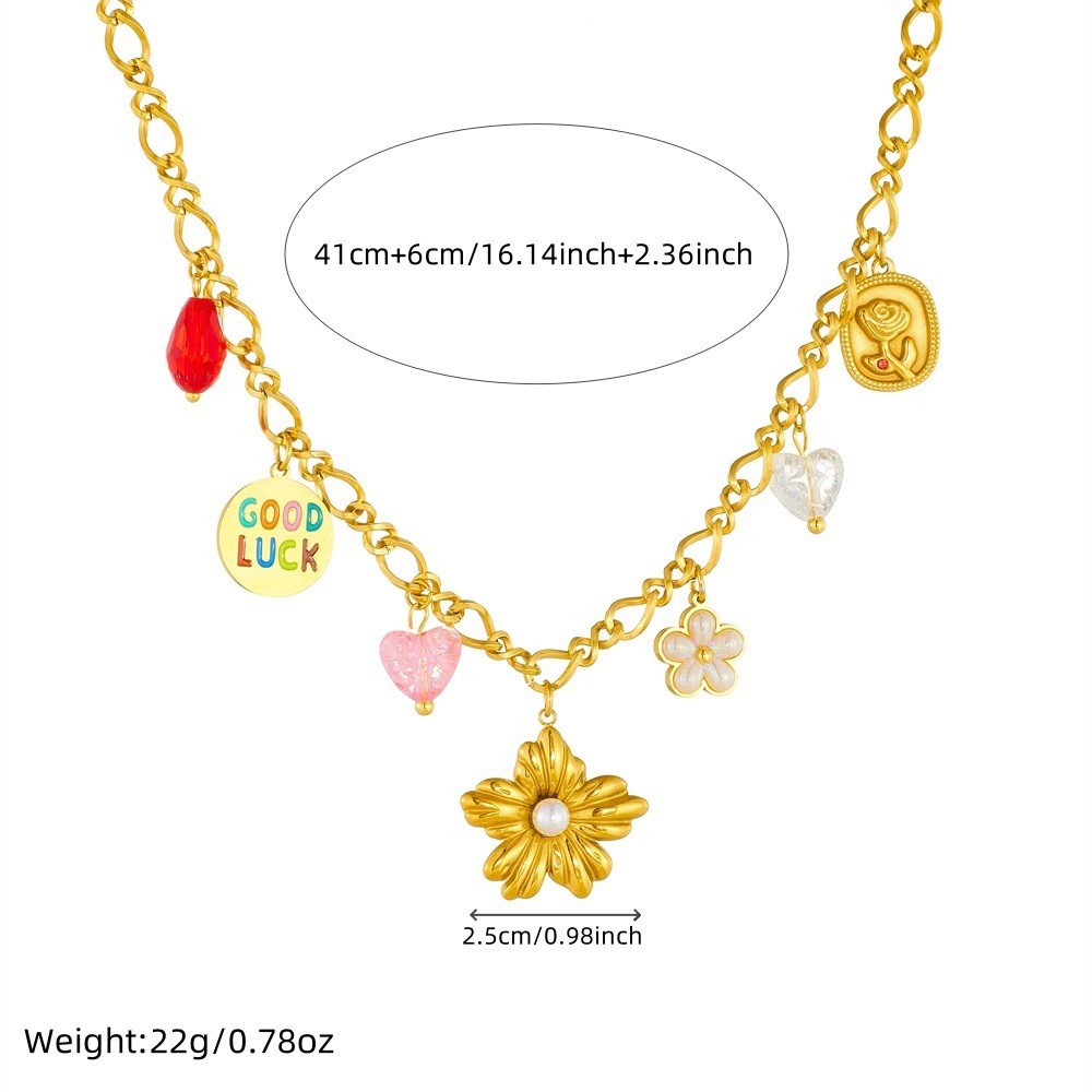 Korean style, fashionable, fresh and sweet, multi-element accessories, flower dripping oil, GOODLUCK round pendant stainless steel necklace