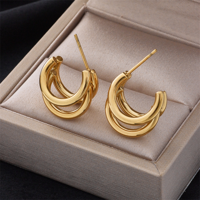 Trendy niche metallic retro high-end minimalist style unisex titanium steel C-shaped multi-layered earrings
