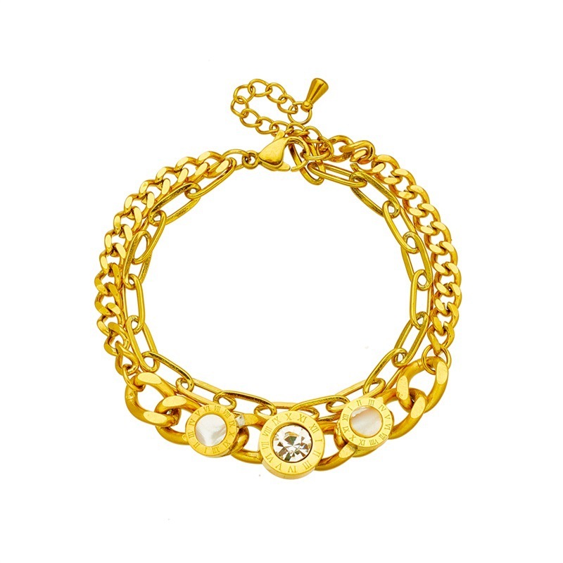 European and American cross-border thick chain double layer Roman round shell rhinestone titanium steel metal retro fashion versatile bracelet