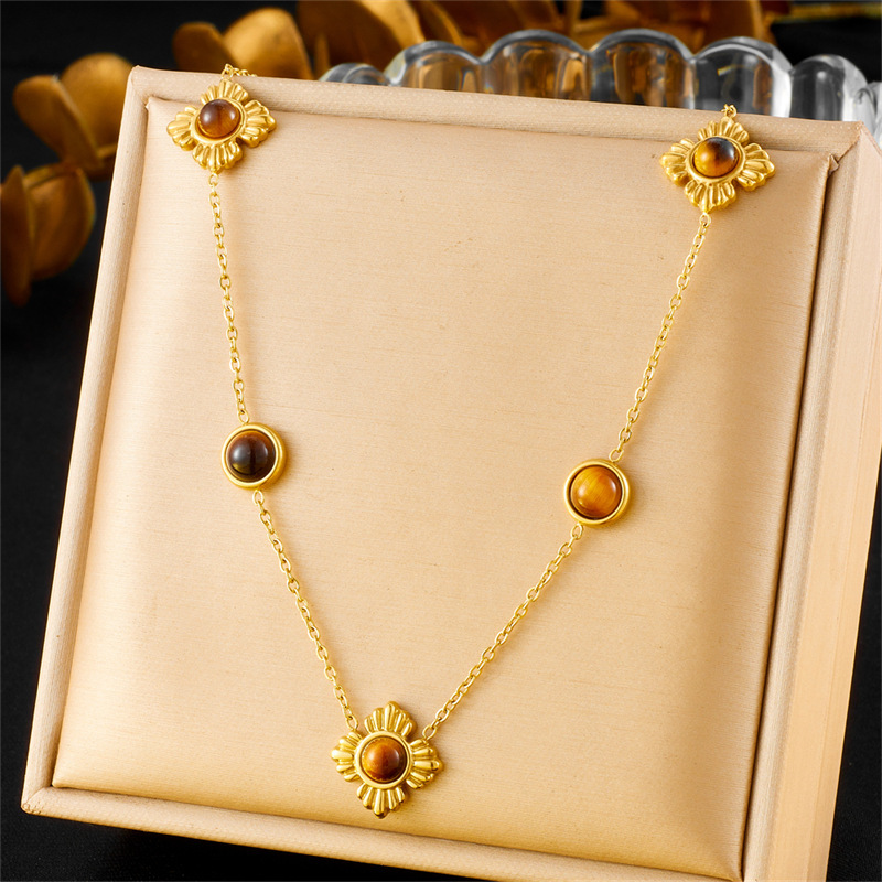 Cross-border fashion Maillard color gold-plated stainless steel tiger's eye flower accessory chain bracelet necklace set