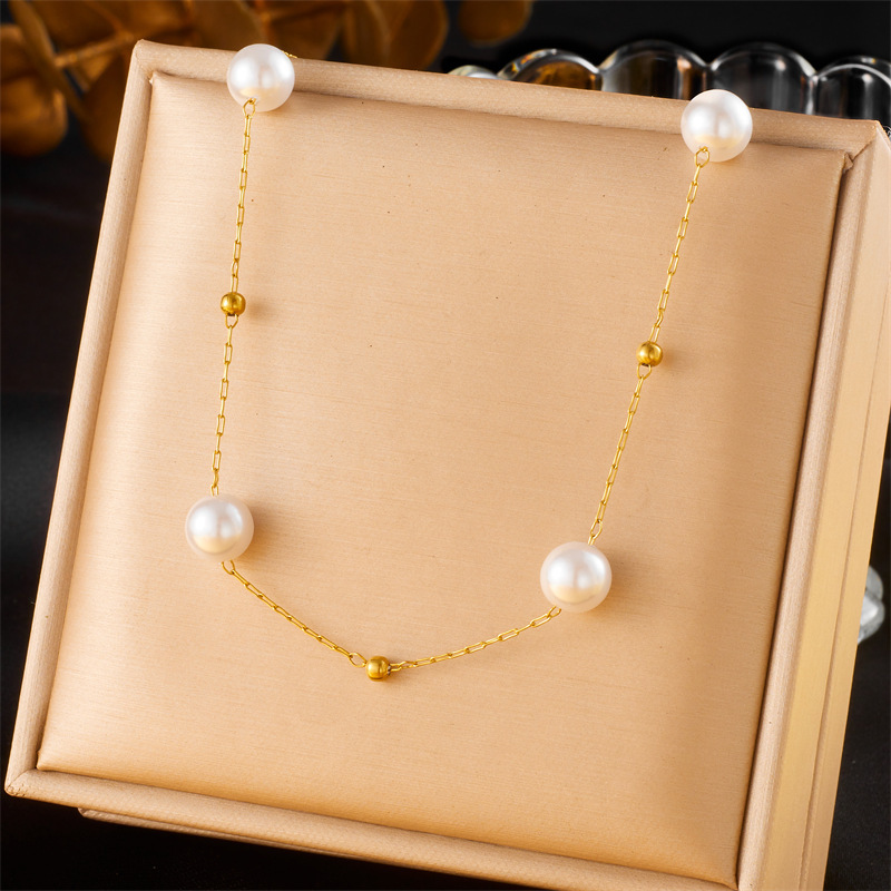 Cross-border fashion retro versatile geometric round pearl gold-plated chain accessories stainless steel bracelet and necklace set
