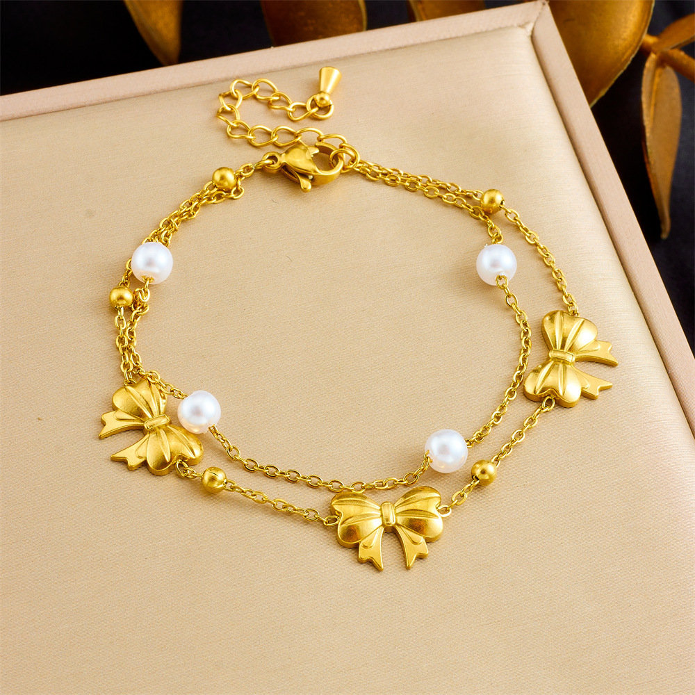 Korean style simple layered double stainless steel pearl bow accessory chain gold-plated butterfly women's jewelry bracelet