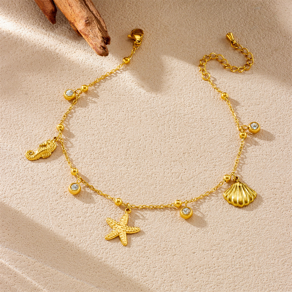 New cross-border ocean series accessories, stainless steel starfish, scallop, seahorse pendant chain with rhinestones, anklet for women.