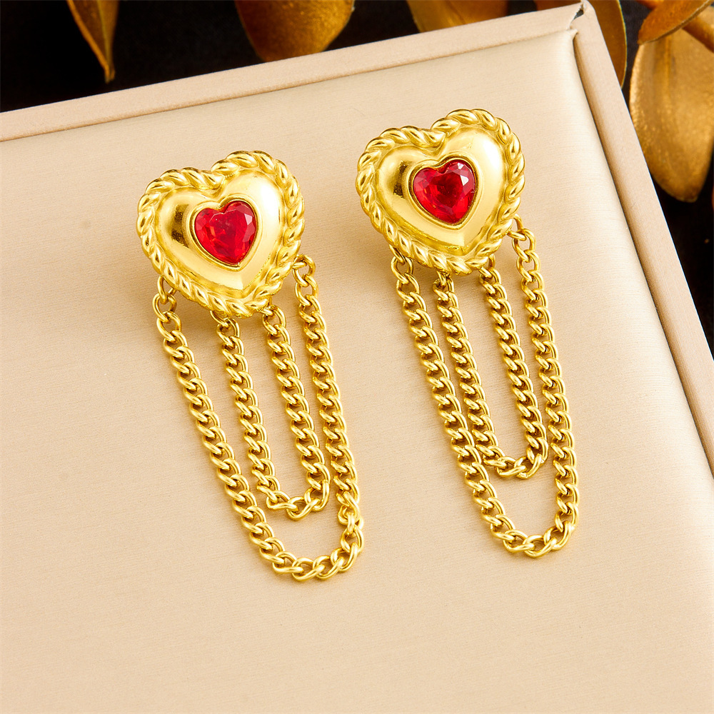 Cross-border fashion gold-plated diamond-encrusted sun heart flower bow tassel stainless steel light luxury high-end women's earrings