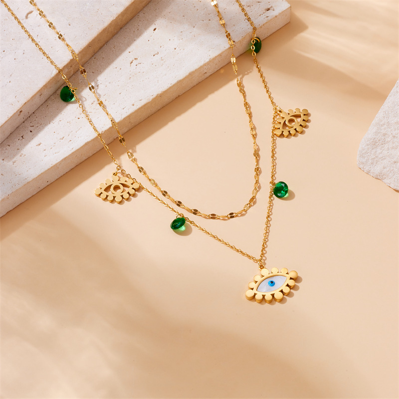 European and American style niche retro high-end gold-plated stainless steel pearl heart eye butterfly pendant multi-layer necklace