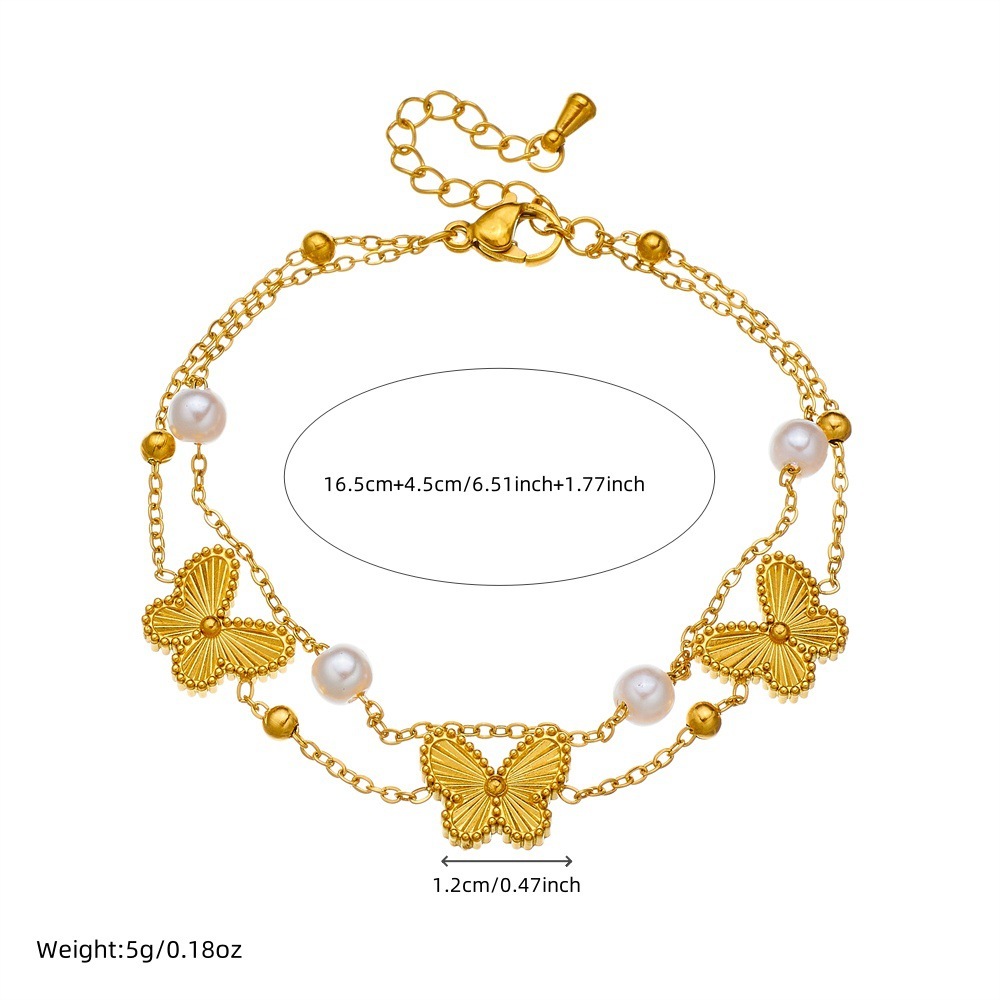 Korean style simple layered double stainless steel pearl bow accessory chain gold-plated butterfly women's jewelry bracelet