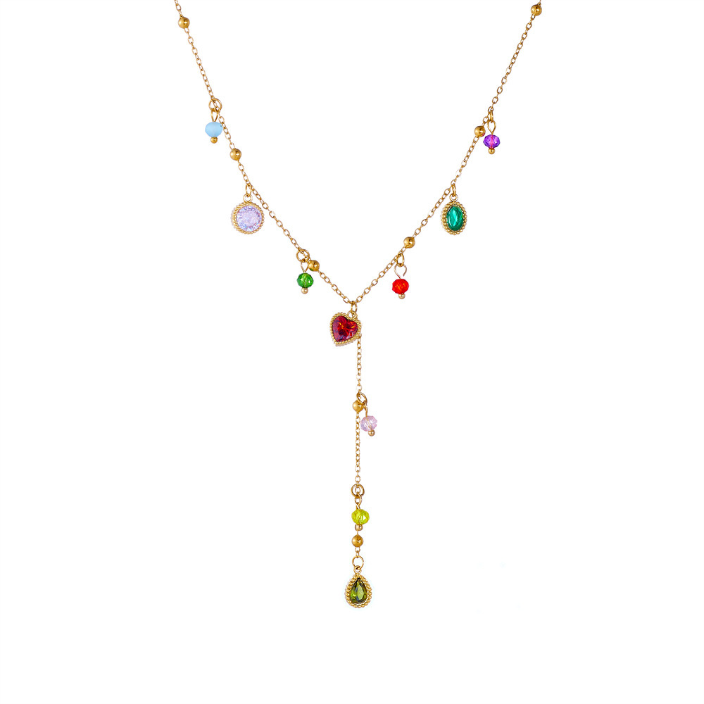 Stylish and simple colorful diamond-encrusted heart teardrop geometric accessory pendant chain gold-plated stainless steel Y-shaped necklace