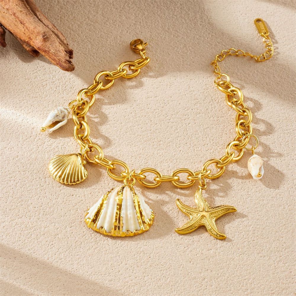 New European and American cross-border fashion ocean series gold-plated starfish, scallop, and conch pendant stainless steel bracelet