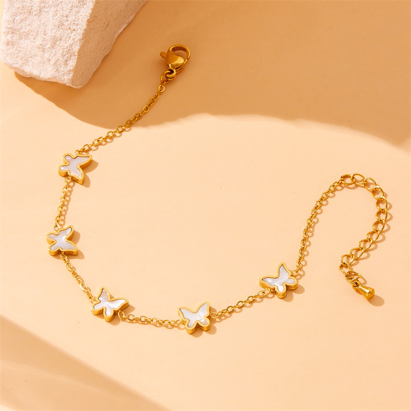 Korean style, fashionable, simple, elegant white shell butterfly accessory chain bracelet earring necklace stainless steel jewelry set