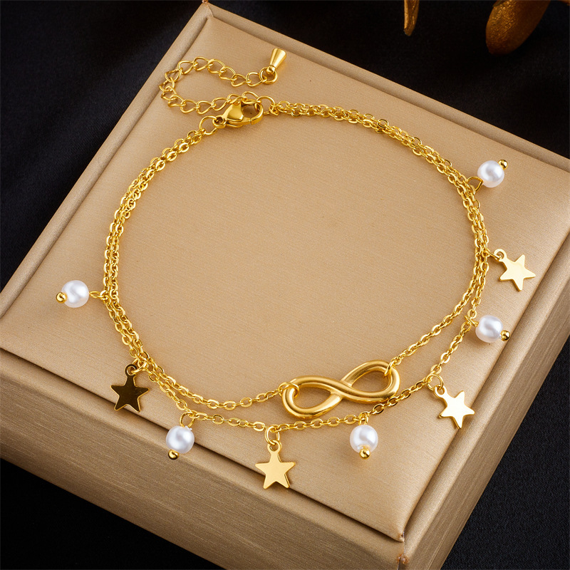 European and American trendy retro beach style multi-layered personalized tassel figure 8 five-pointed star pendant metal anklet