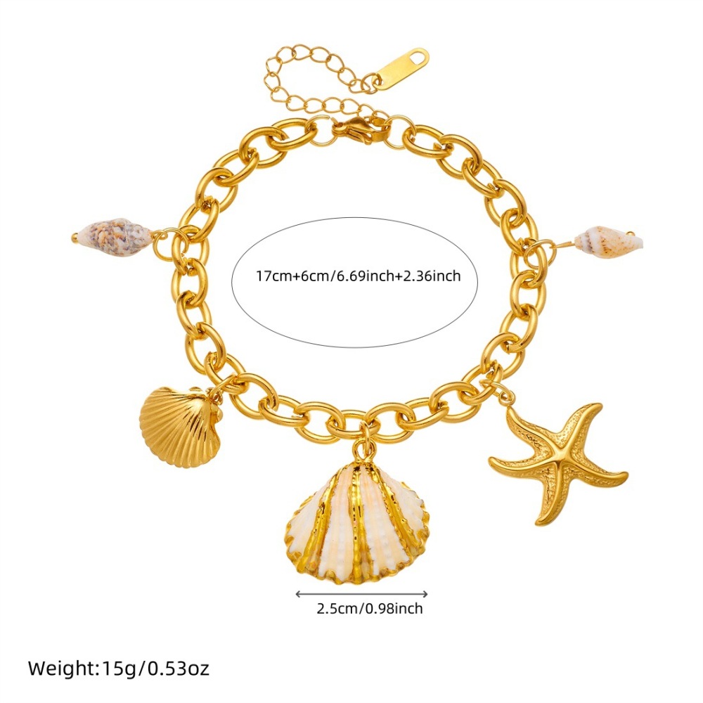 New European and American cross-border fashion ocean series gold-plated starfish, scallop, and conch pendant stainless steel bracelet