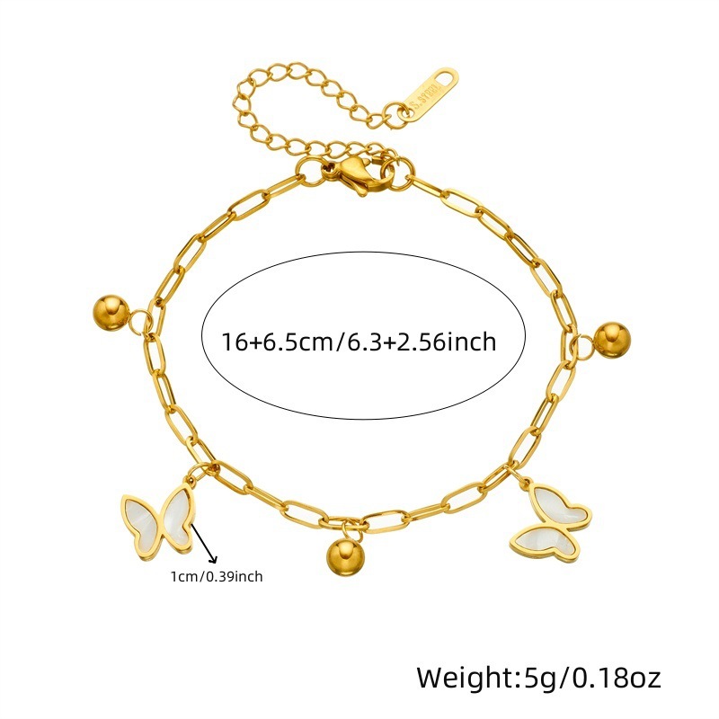 Korean style, fashionable, luxurious, versatile stainless steel white mother-of-pearl butterfly small round bead pendant chain jewelry bracelet