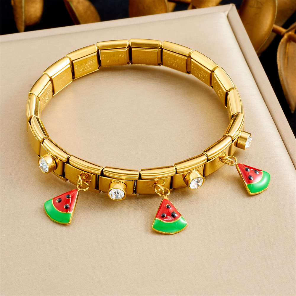 Cross-border fashion fruit series 3D simulated dripping cherry, strawberry, watermelon, rhinestone-encrusted stainless steel gold-plated bracelet